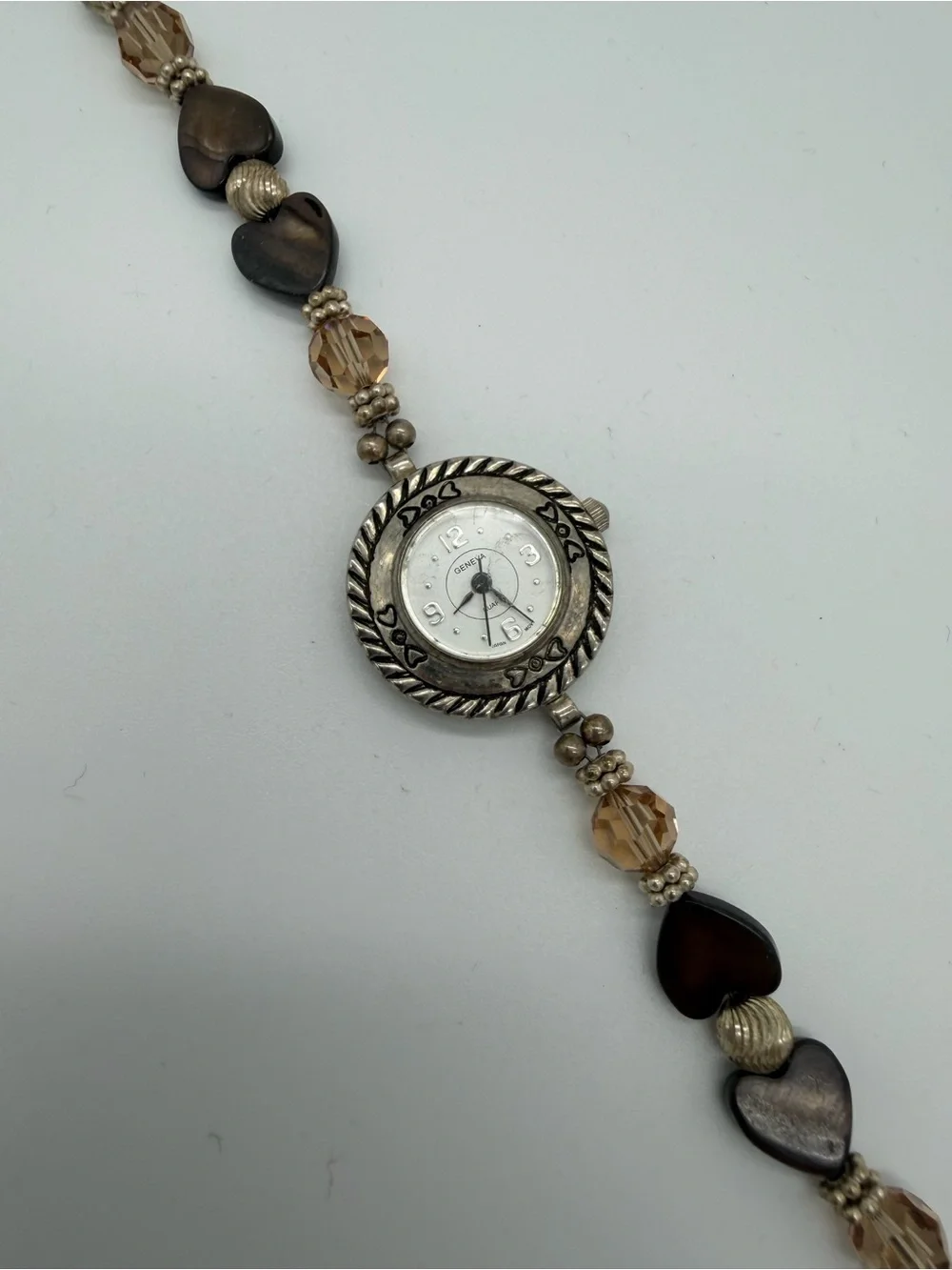Geneva Brown Heart Bead Bracelet Watch with Silver Accents